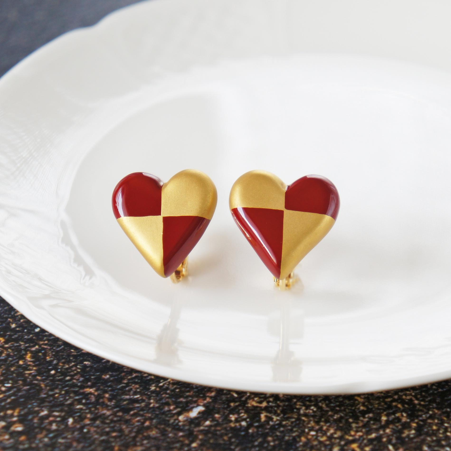 和の心　漆塗りイヤリング　ハート・赤×金 | 2枚目