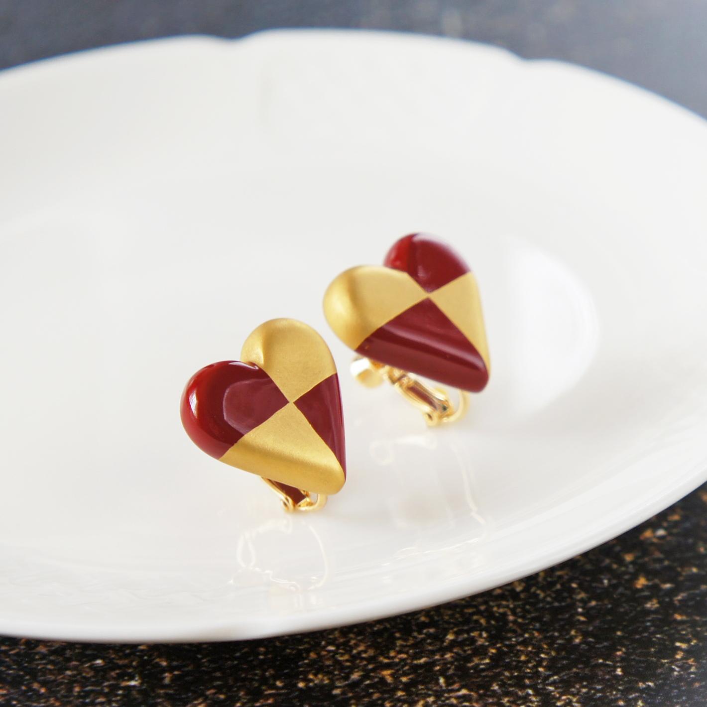 和の心　漆塗りイヤリング　ハート・赤×金 | 3枚目