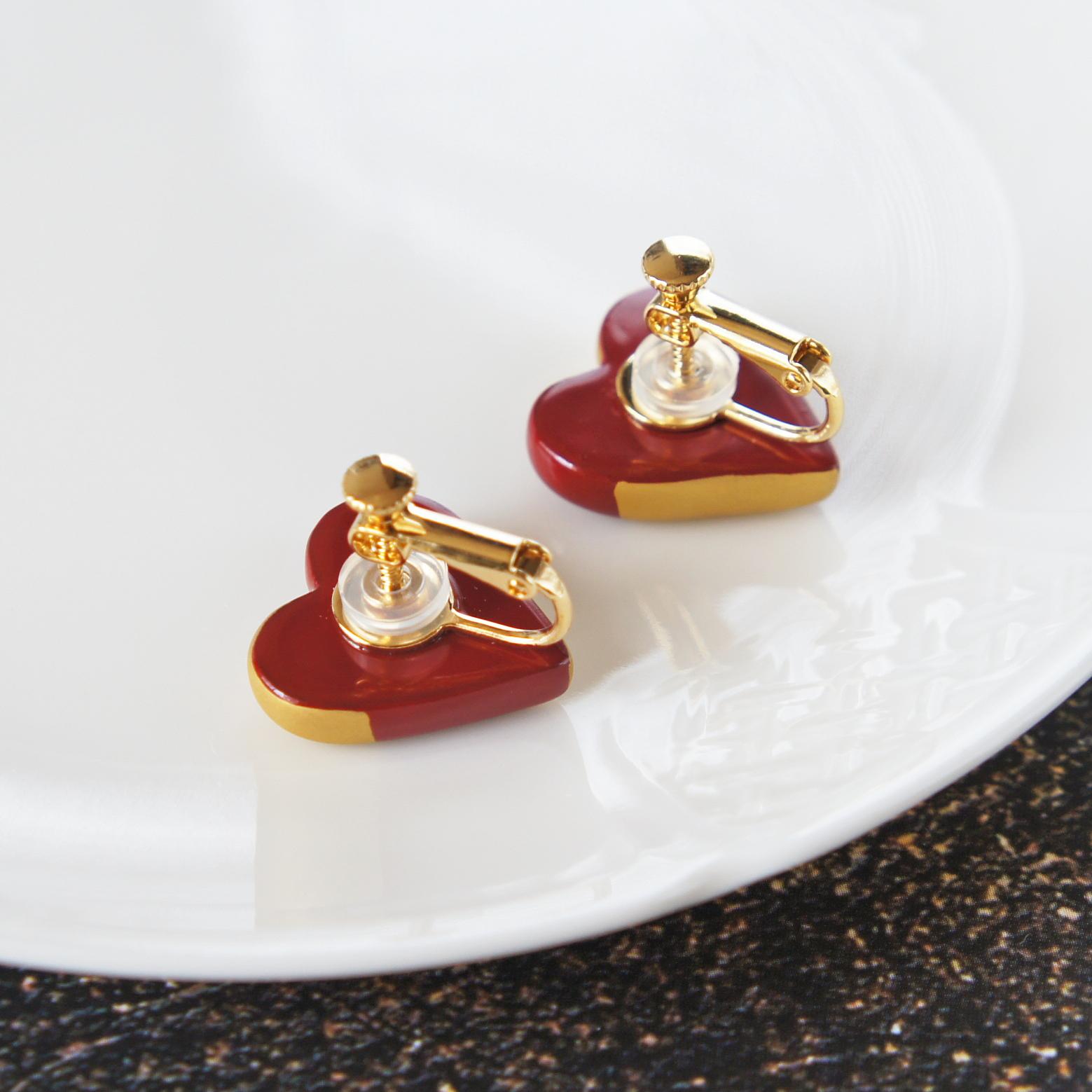 和の心　漆塗りイヤリング　ハート・赤×金 | 5枚目