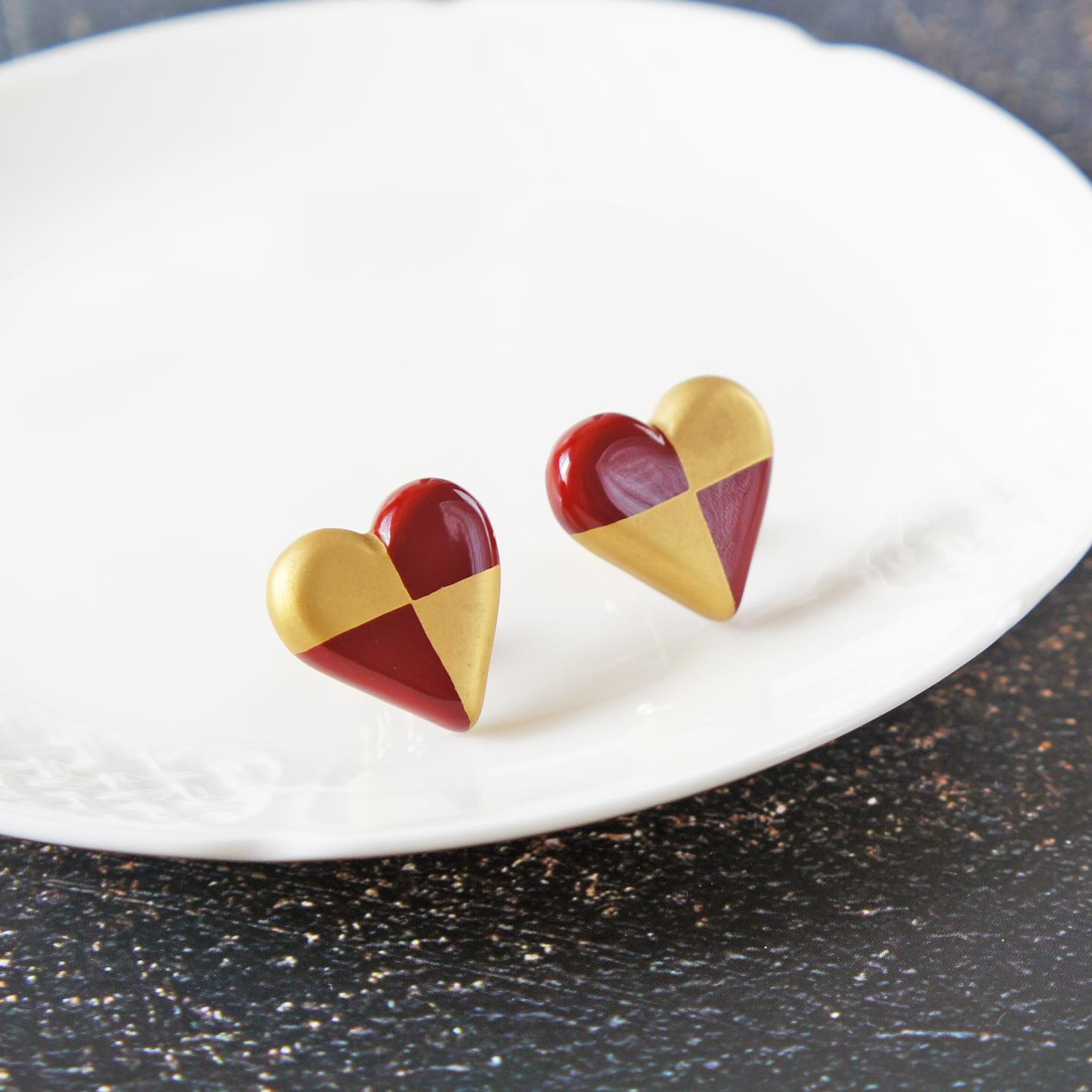 和の心　漆塗りピアス　ハート・赤×金 | 3枚目